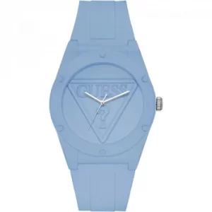 Image of GUESS Retro Pop blue silicone watch with blue logo dial.