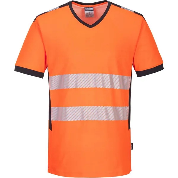Image of Portwest PW3 Hi Vis V Neck Mesh Insert Short Sleeve T Shirt PW310OBRM Colour: Orange / Black