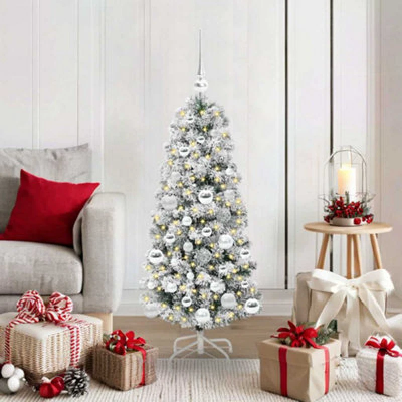 Image of vidaXL Artificial Hinged Christmas Tree with Silver Balls Green and white 120 cm, Green 3395582