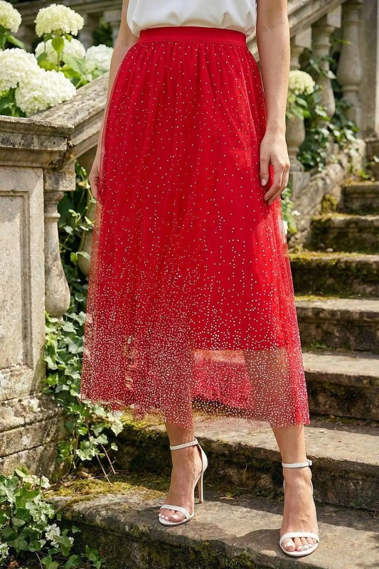 Image of Roman Womens Polka Dot Print Elasticated Mesh Skirt in Red Size: 12 Red Female 12