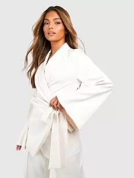 Image of Boohoo Flared Sleeve Belted Tailored Blazer - Ecru, Cream, Size 10, Women