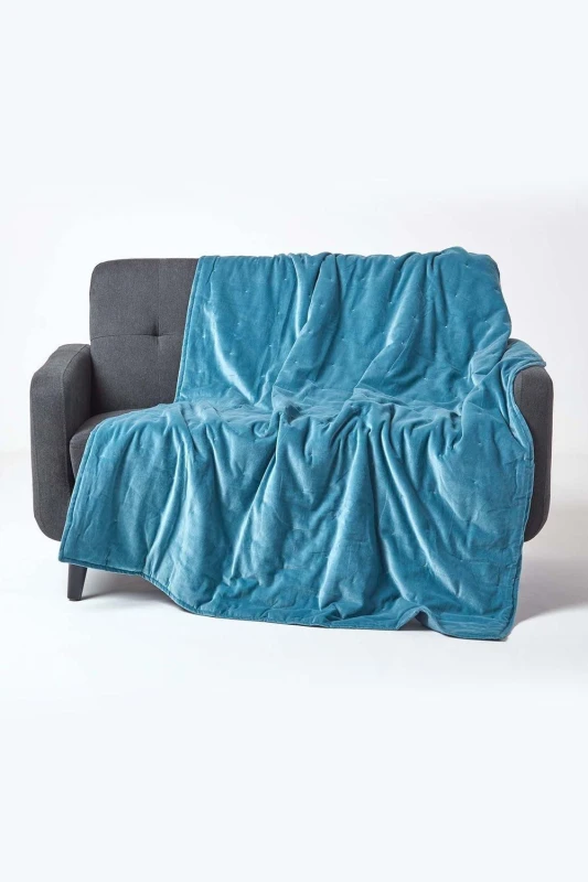 Image of Homescapes Velvet Quilted Throw 100% Cotton, Soft & Luxurious Blanket in Blue Size: 150cm x 200cm Blue Unisex 150cm x 200 cm