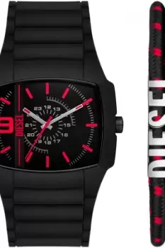 Image of Diesel Mens Cliffhanger 2.0 Three-Hand, Black Silicone and Stainless Steel Watch, DZ2191SET
