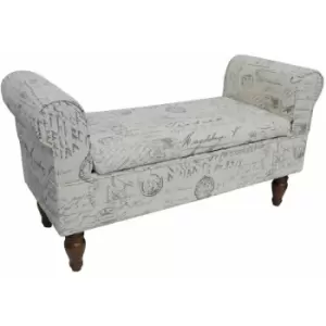 Image of Storage Ottoman Bench / Padded Seat with Retro French Print and Wood Legs - Cream / Brown - Cream / Brown / Script design