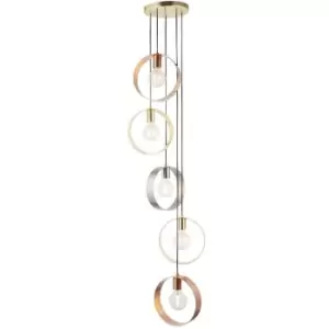 Image of 5 Bulb Multi Light Hanging Ceiling Pendant Brushed Copper Nickel & Brass Hoops