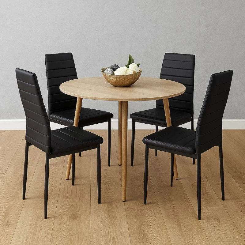 Image of Kosy Koala Modern Round Dining Table With 4 Black Faux Leather Chairs Kitchen Furniture Set