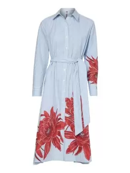 Image of Tommy Hilfiger Cotton Floral Buttoned Midi Shirt Dress In Blue - Size 12