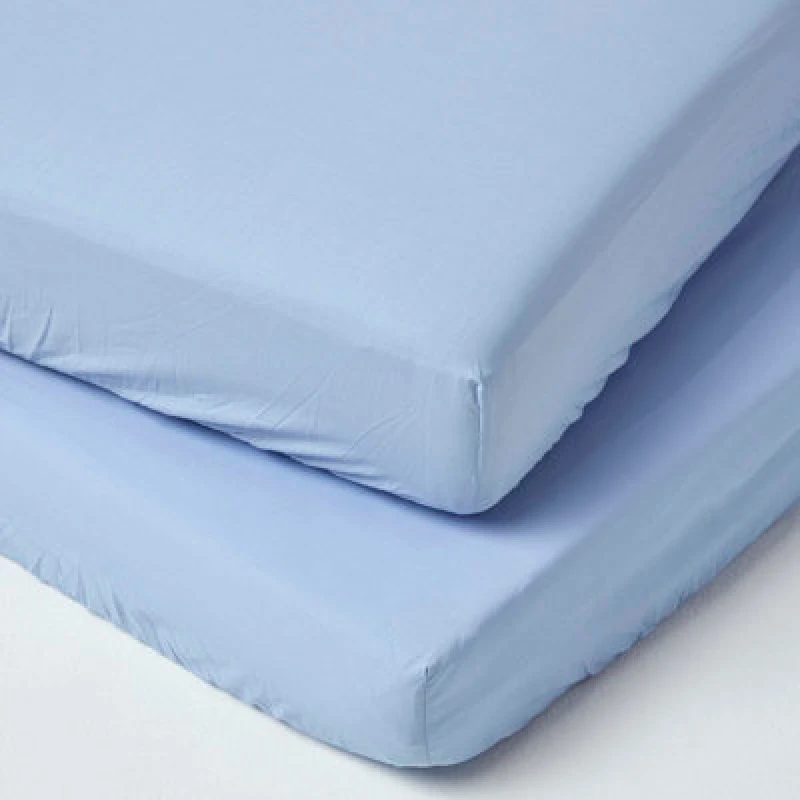Image of Homescapes Blue Cotton Cot Bed Fitted Sheets 200 Thread Count, 2 Pack