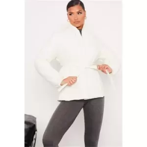 Image of I Saw It First White Padded Jacket With Shawl Collar And Belt - White