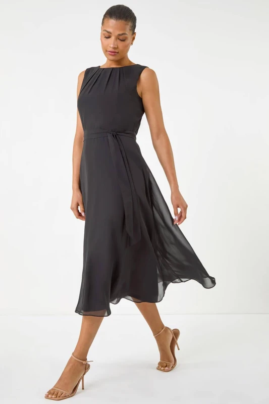 Image of Roman Womens Chiffon Pleated Neck Midi Dress in Black Size: 16 Black Female 16