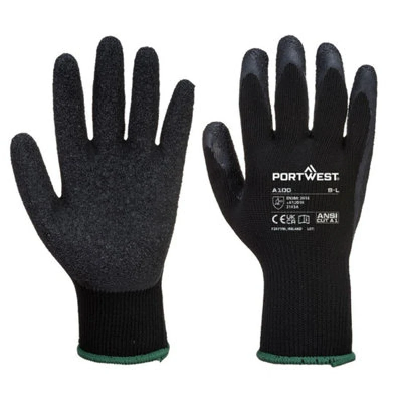 Image of Portwest A100 Latex Grip Gloves in Black Size: XL Black Unisex XL