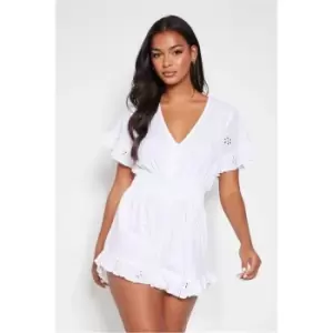 Image of I Saw It First White Broderie Shirred Waist Frill Hem Playsuit - White