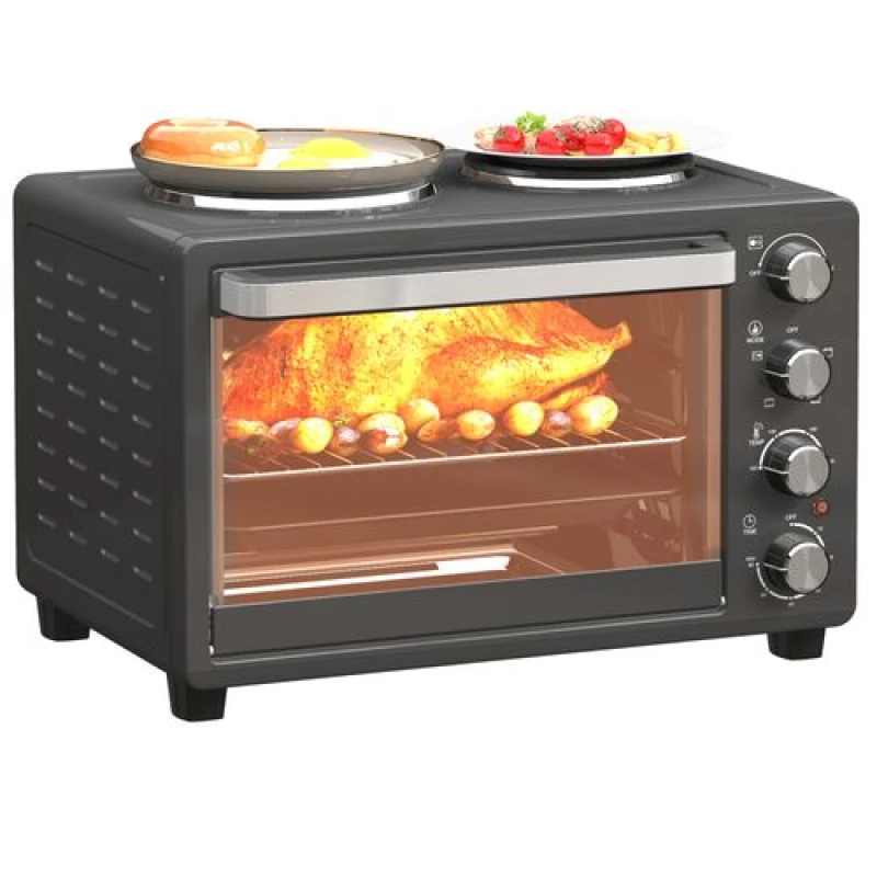 Image of HOMCOM 28L Countertop Toaster Oven with 2 Hot Plates, Grill, Roast, Bake Black