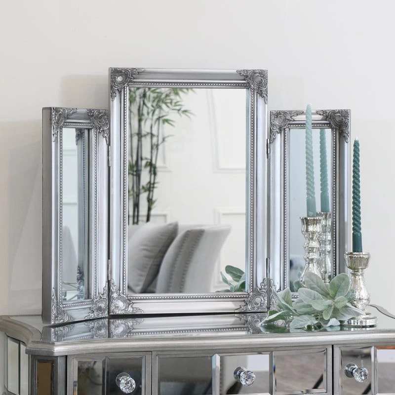 Image of Melody Maison Ornate Vintage Silver Triple Dressing Table Mirror 55cm X 74cm Silver