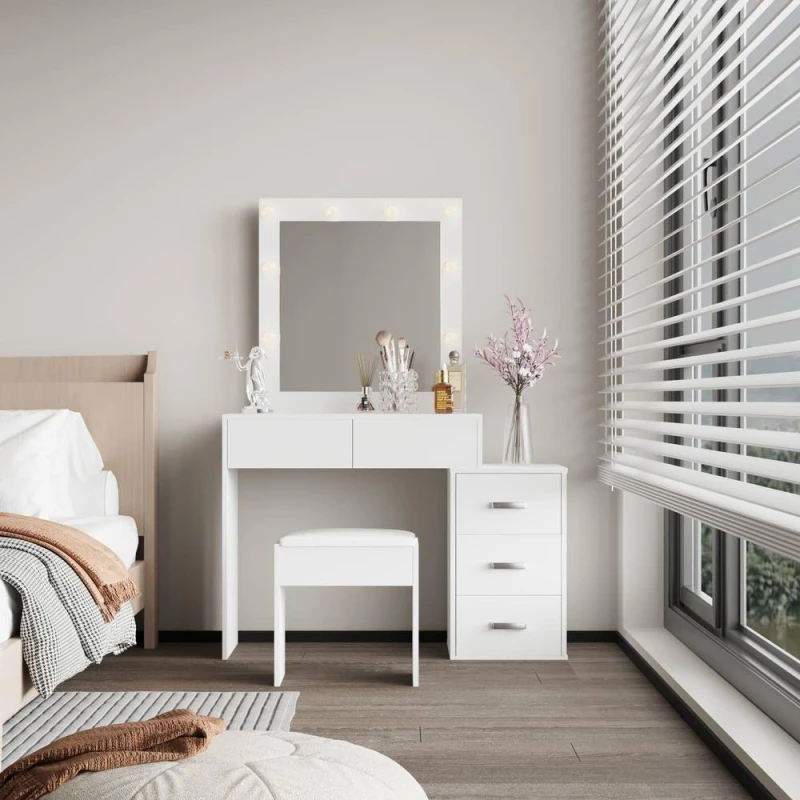 Image of Home Source 5 Drawer Dressing Table Vanity Makeup Desk Lighting Mirror & Stool in White White Unisex