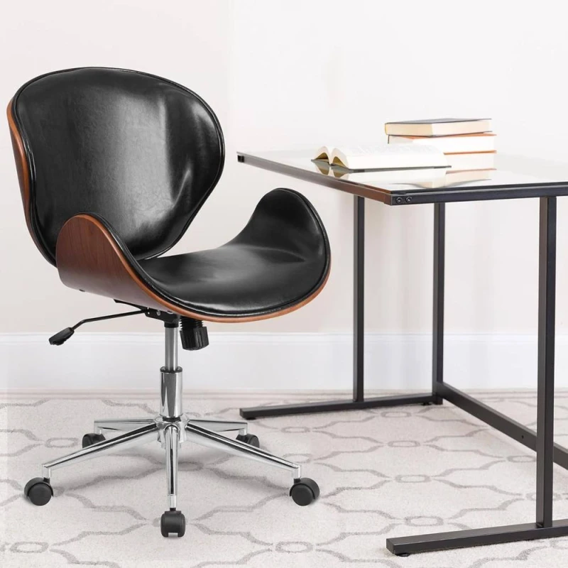 Image of FWStyle Walnut Effect Black Faux Leather Executive Office Swivel Chair Black Unisex