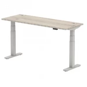 Image of Air 1600 x 600mm Height Adjustable Desk Grey Oak Top Cable Ports Silver Leg