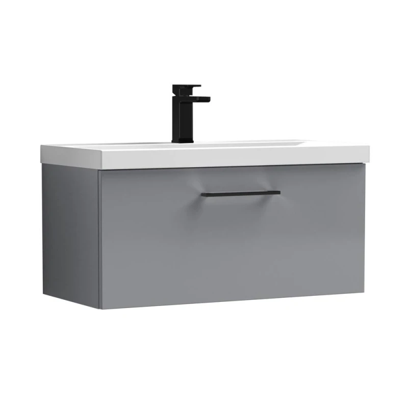Image of Balterley 600mm Wall Hung 1 Drawer Vanity Basin Unit, Satin Grey, Black Handle in Grey Grey Unisex
