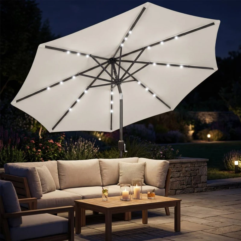 Image of OUTSUNNY 2.6 m Garden Parasol Umbrella with Light, Outdoor Patio Umbrella in Cream Size: 260cm x 100cm Cream Unisex 260cm x 100 cm