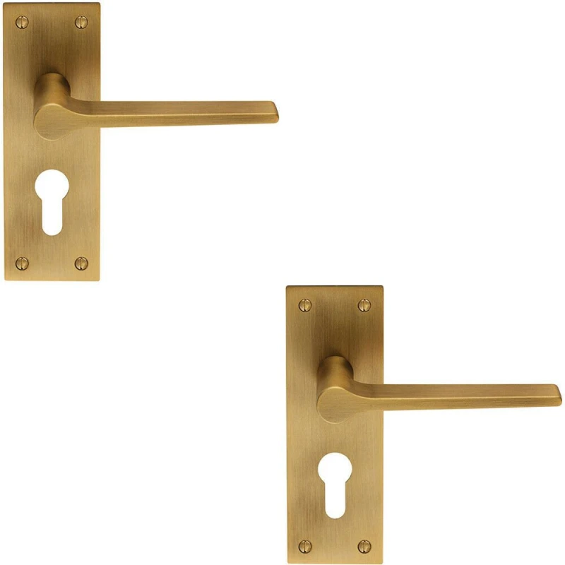 Image of Loops 2x PAIR Flat Straight Lever on Slim Euro Lock Backplate 150 x 50mm Antique Brass Metallics