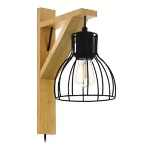 Image of LED Wall Light / Sconce Natural Wood & Black Wire Hangman 1 x 40W E27 Bulb