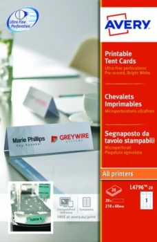 Image of Avery Printable Tent Cards 210x60mm White L4796-20 20 Cards