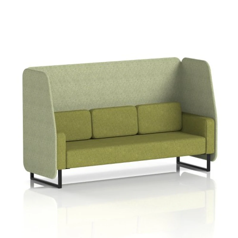 Image of Brixworth 3 Seater Open Office Booth with Black Legs in Rivet Fabric - Burnish Panels and Olive Sofa
