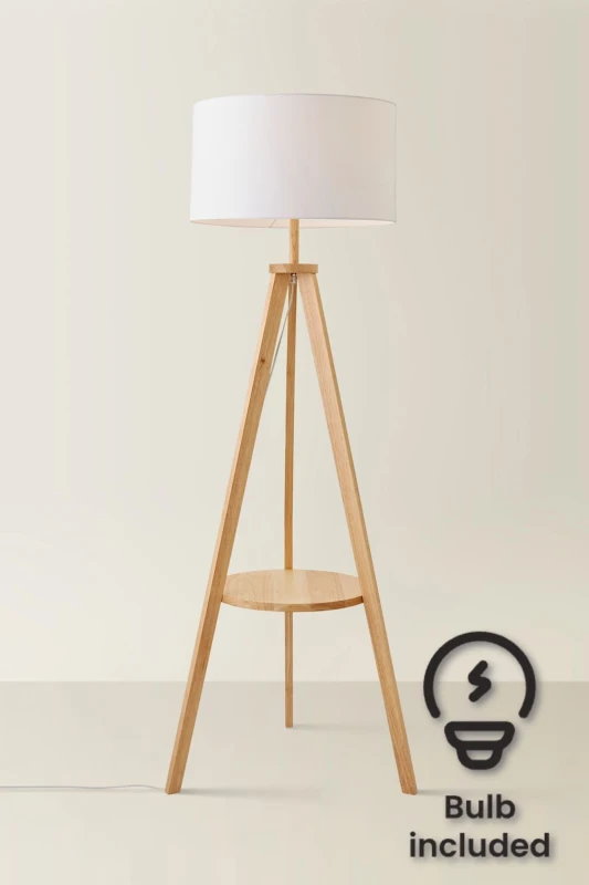 Image of ValueLights Morrigan Light Wood Tripod Floor Lamp With Fabric Drum Lamp Shade and LED Bulb White