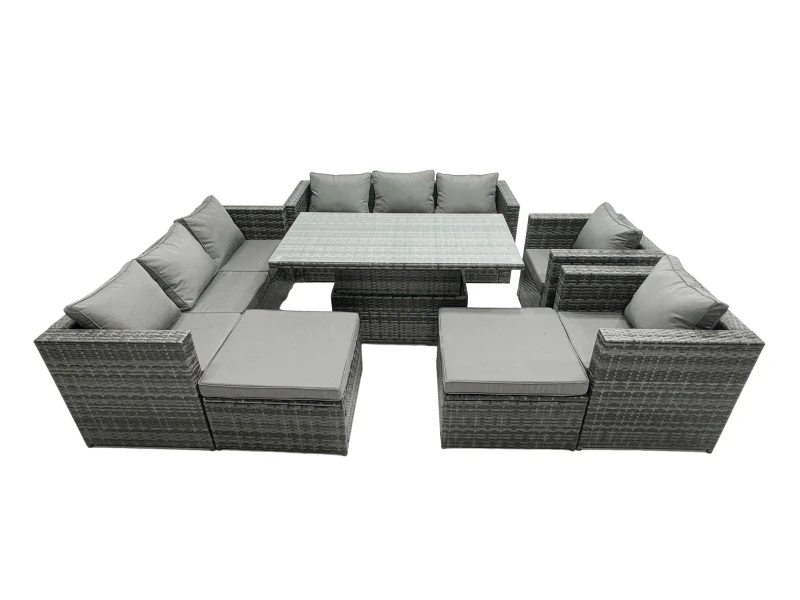 Image of Fimous Rattan Dining Table Sofa Set with 2Stools Outdoor 10 Seat in Dark Grey Dark Grey Unisex
