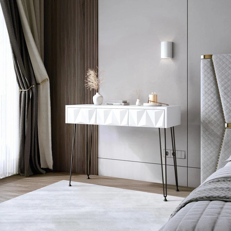 Image of CARME HOME Claudia White 3 Drawers Dressing Table with Black hairpin legs White Unisex