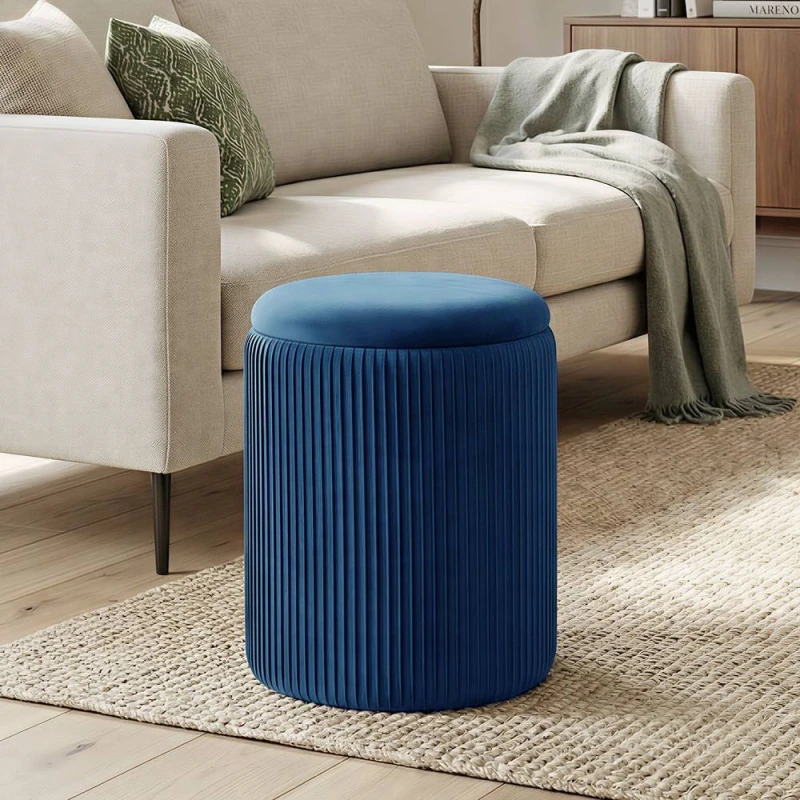 Image of HOMCOM Round Storage Ottoman with Removable Top in Blue Blue Unisex
