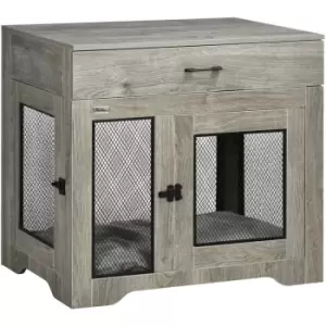 Image of Modern Pet Crate End Table w/ Double Doors, Drawer, for Medium Dogs - Grey - Pawhut