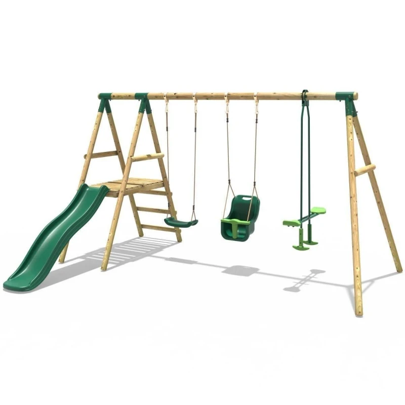 Image of Rebo Wooden Swing Set with Slide - Voyager Green Green