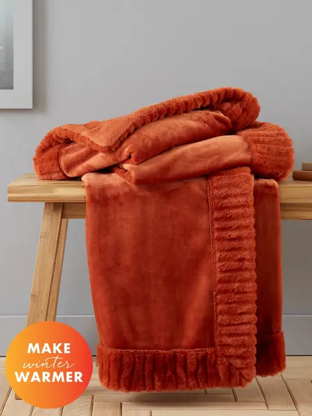Image of Catherine Lansfield 'Velvet and Faux Fur' Throw Burnt Orange