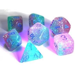 Image of Chessex Gemini Polyhedral Gel Green-Pink with Blue 7 Die Set - Lab Dice