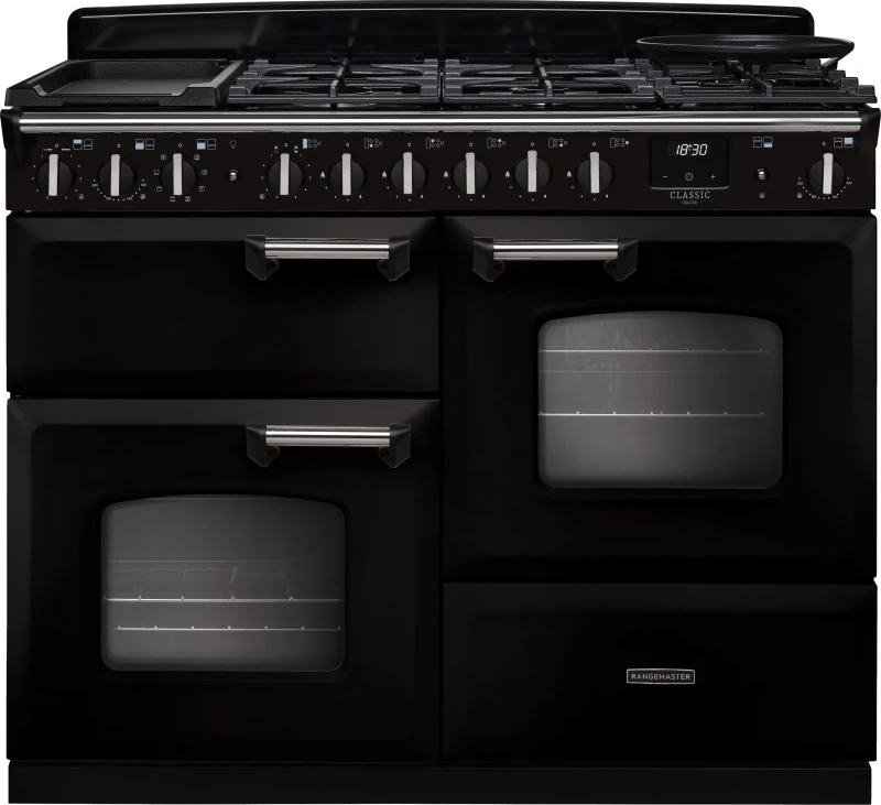 Image of Rangemaster Classic Deluxe 110 CLDLO110DFPGBL/CM1 110cm wide Dual Fuel Range Cooker with Gas Hob - Black / Chrome - A Rated