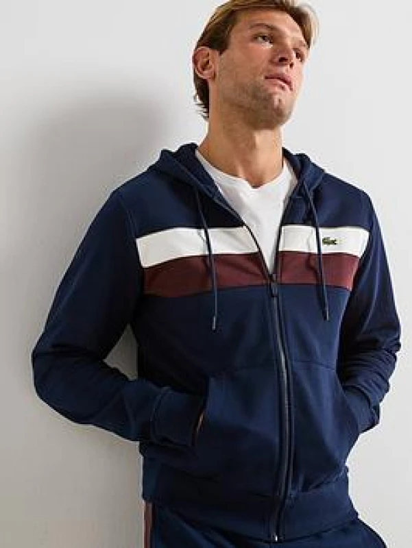 Image of Lacoste Colour-Block Zip-Up Sweatshirt Navy Blue Men S;XL;L;M