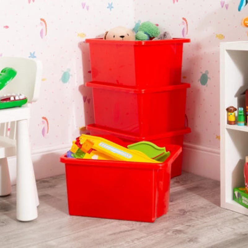 Image of Wham Stack & Store 4X 35L Plastic Storage Boxes. Ideal For Toys, Classrooms & Playrooms. Integrated Handles. Red