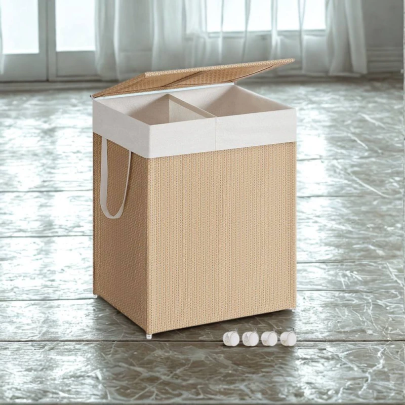 Image of Pirlo Plush 100L Double Laundry Basket With Lid & Removable Lining in Beige Beige Unisex