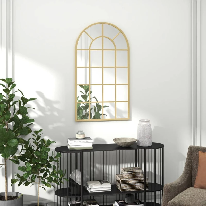 Image of HOMCOM Modern Arch Window Wall Mirror for Living Room Bedroom, Gold Tone Gold Unisex