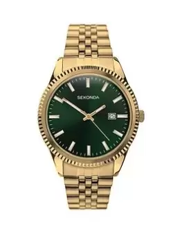 Image of Sekonda Mens Classic King Gold Stainless Steel Bracelet with Green Dial Analogue Watch, Gold, Men
