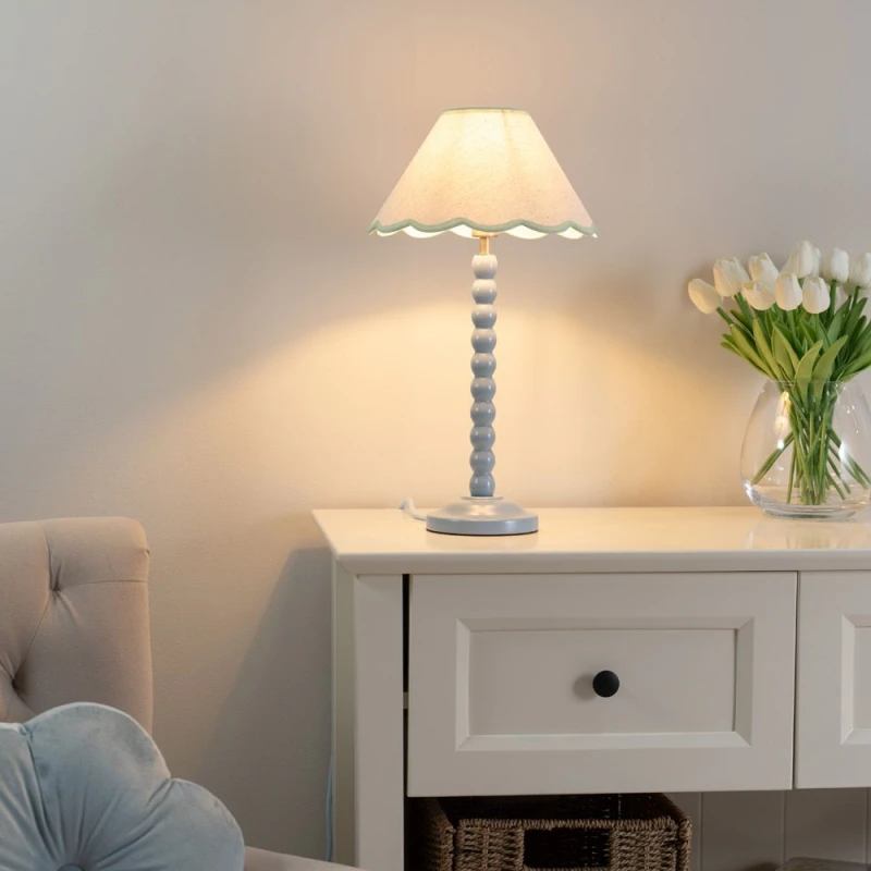 Image of ValueLights Bobbins Powder Blue Table Lamp with Tapered Natural Linen Scallop Shade Green