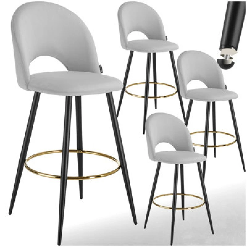 Image of Tectake Bar Stool Rachel With Backrest And Velvet Look Cover, 49 X 58 X 110 Cm - Light Grey/black, Set Of 4
