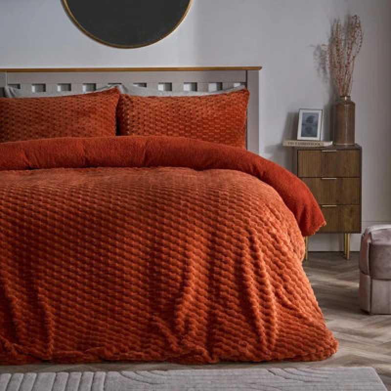 Image of OHS OHS Waffle Fleece Thermal Duvet Cover Soft Bedding Set in Burnt Orange Size: Double Burnt Orange Double Unisex 5027434222582