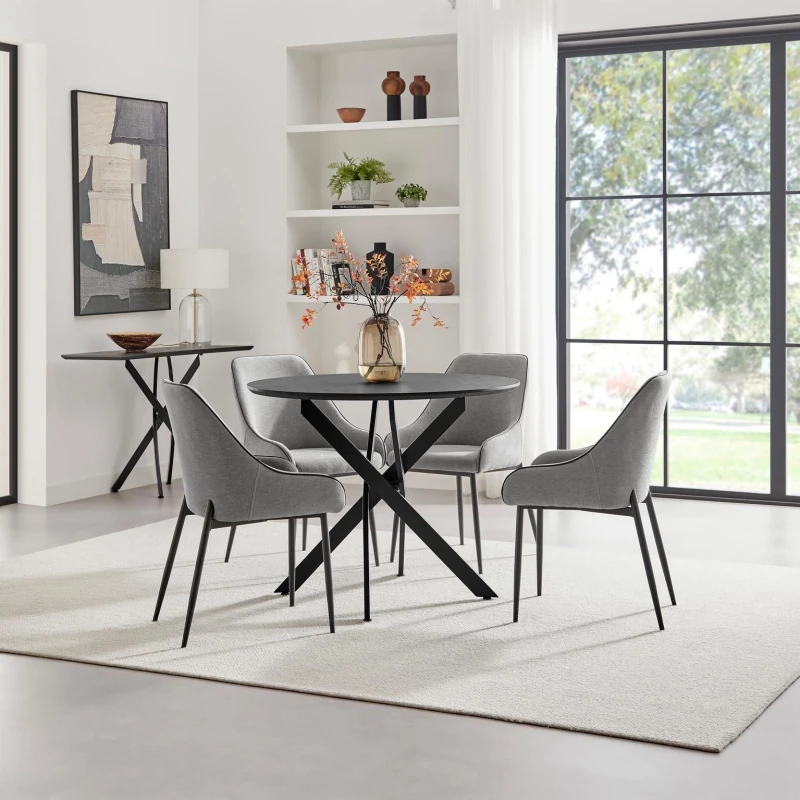 Image of FurnitureboxUK FurnitureboxUK Novara 100cm Black Top Round Dining Table & 4 Grey Beaumont Chairs Black One Size Unisex 5056784315200