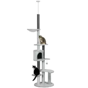 Image of PawHut 255cm Floor to Ceiling Cat Tree with Scratching Posts, Height Adjustable Cat Tower with Hammock, House, Anti-tipping Kit, Perches, Toys, Grey