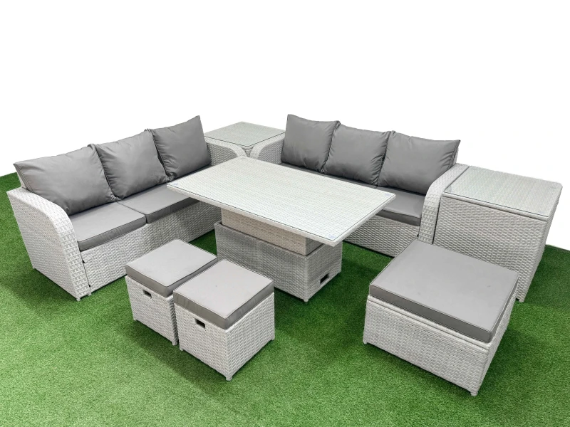 Image of Fimous Outdoor Garden Furniture Sets 9 Seater Wicker Rattan Furniture Sofa Sets with 3 Stools 2 Side Table Light Grey