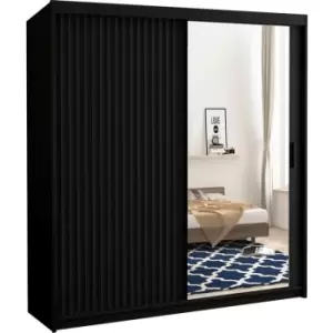 Image of Wave Sliding Mirror Door wardrobe with Adjustable Shelves & Hanging Rails Black - 150cm - Black