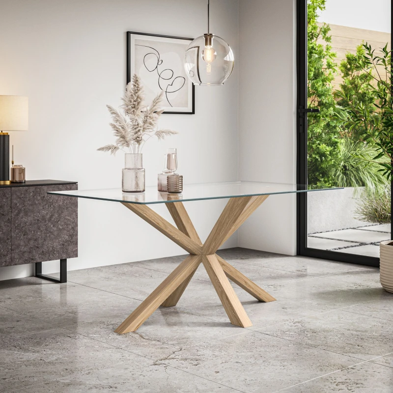 Image of More4Homes Etta Glass Dining Table W Solid Oak Legs