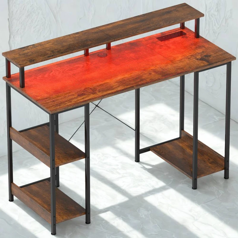 Image of FURNOS Industrial 120CM Computer Desk With USB Outlets, LED Lights in Brown Brown Unisex